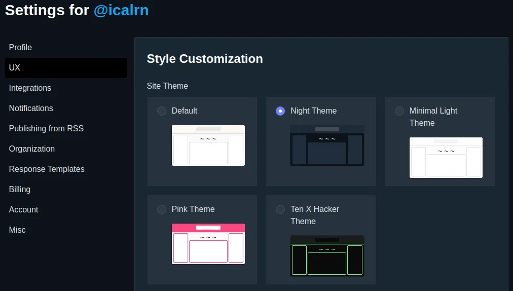 Pengaturan gaya tampilan pada Dev.to yang menyajikan beberapa pilihan warna
