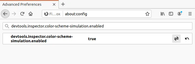 Konfigurasi untuk mengaktifkan pilihan emulasi Prefers Color Scheme pada Firefox