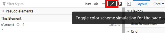 Tombol untuk emulasi nilai Prefers Color Scheme pada Firefox
