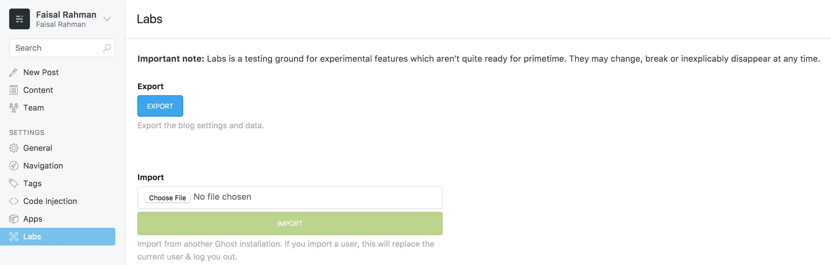menu Labs pada Ghost