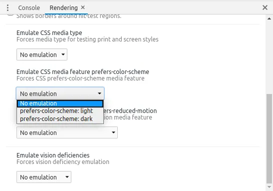 Pilihan dropdown emulasi Prefers Color Scheme pada Google Chrome